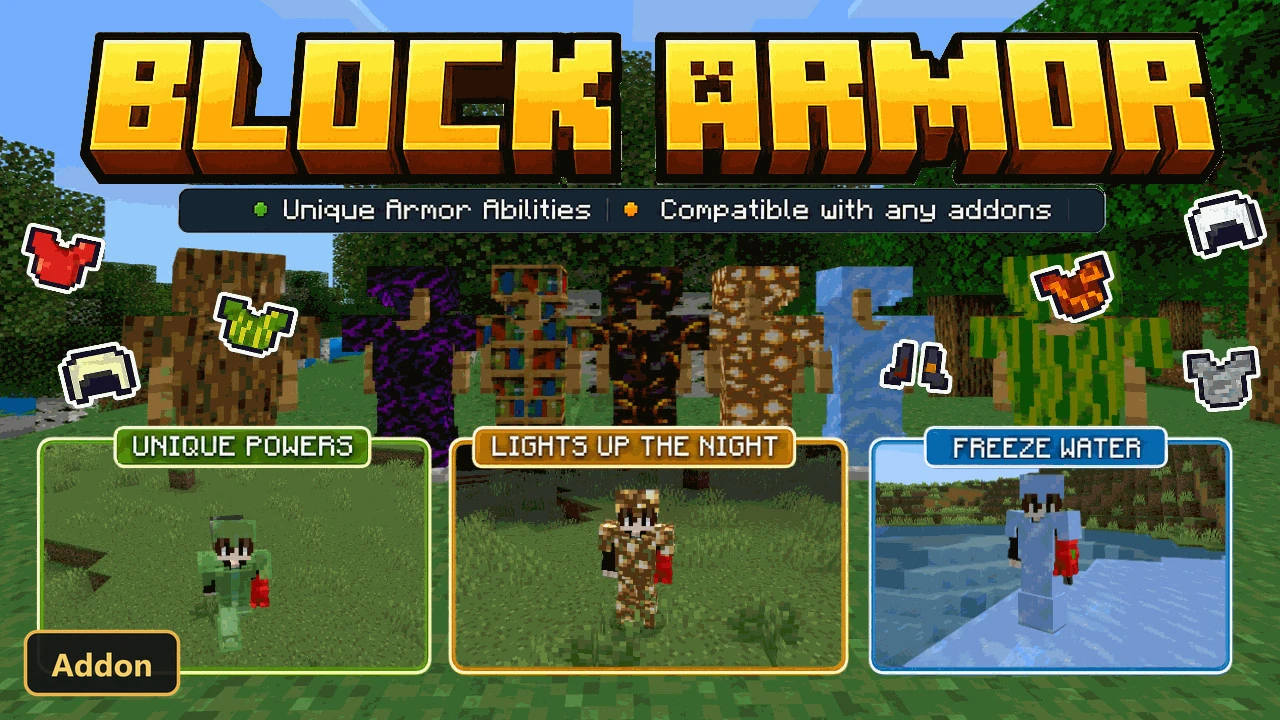 various block-themed armor sets displayed on character models in a grassy field