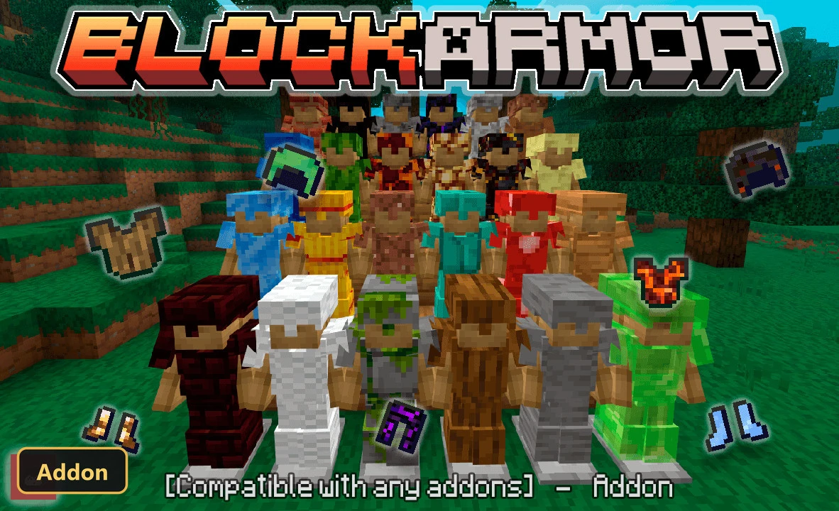 multiple players wearing diverse block armor sets in a forest biome