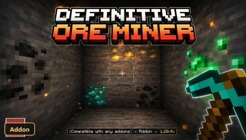 dark cave with glowing ores, pickaxe, and title overlay