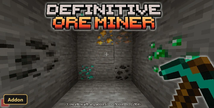 dark cave with various ores, pickaxe, and title overlay