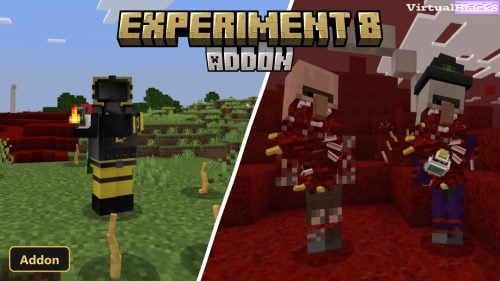 split screen, player in hazmat suit, infected villagers in red biome