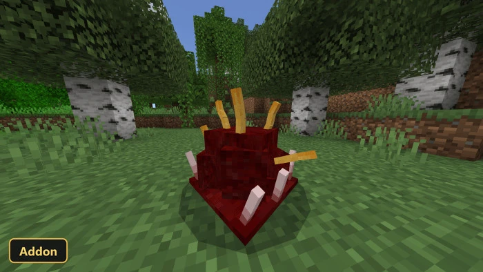 red block with white and yellow spikes in a birch forest