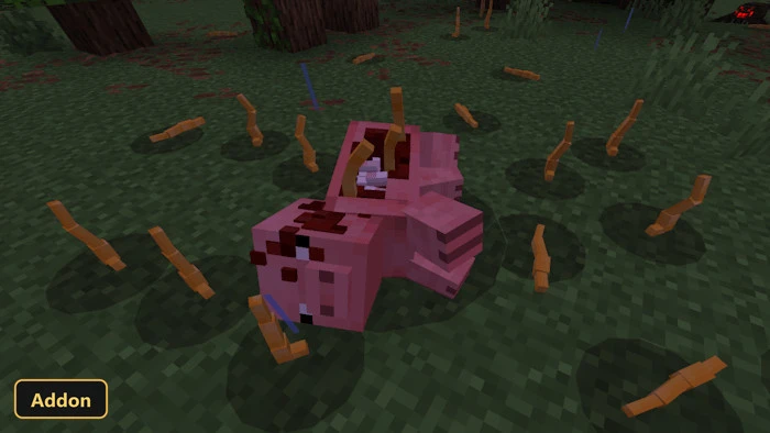 infected pig on grass surrounded by yellow worms and blue particles