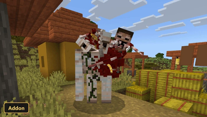 infected iron golem with zombie riding it in a village