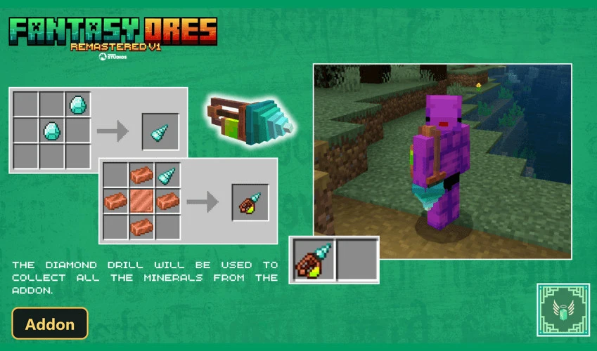 purple player character with a drill, crafting recipes for drills