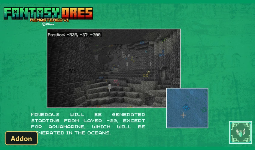 dark underground cave with various colored ores, underwater ore on map