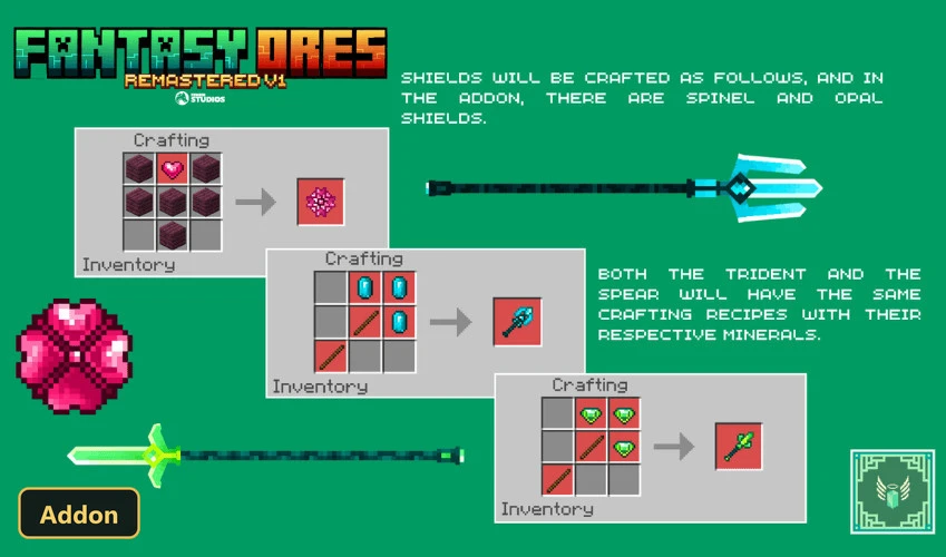 crafting recipes for shields, trident, and spear, with finished weapons