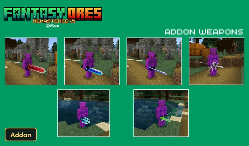 purple player character holding various fantasy weapons in different scenes