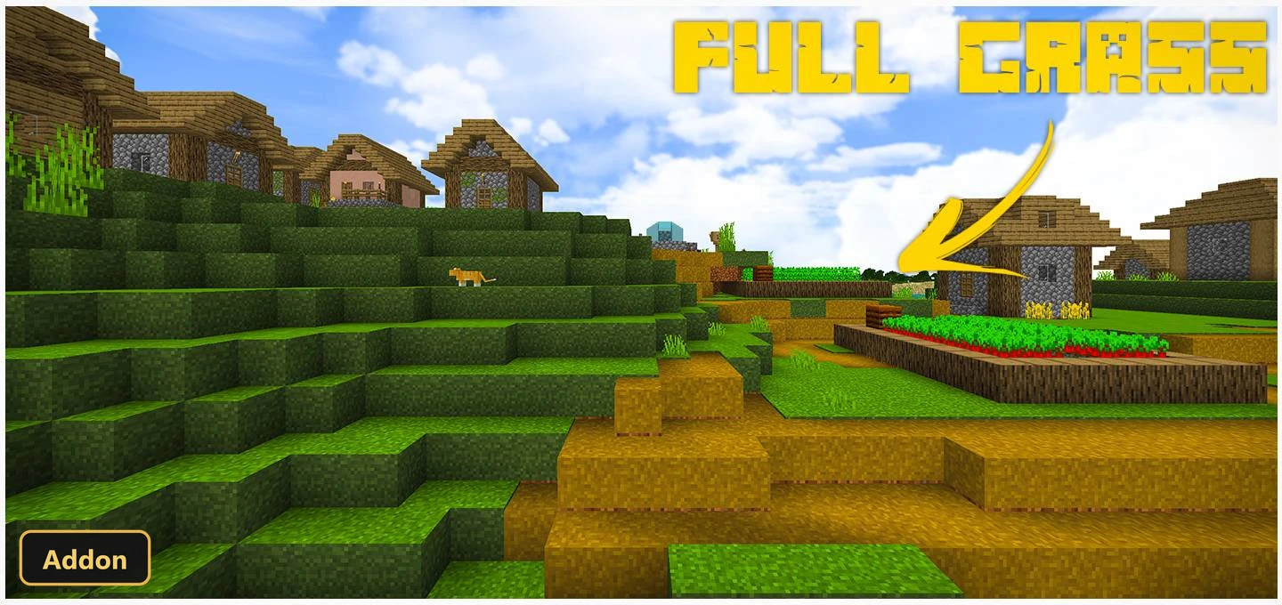 village on a grassy hillside with farmland, clear sky