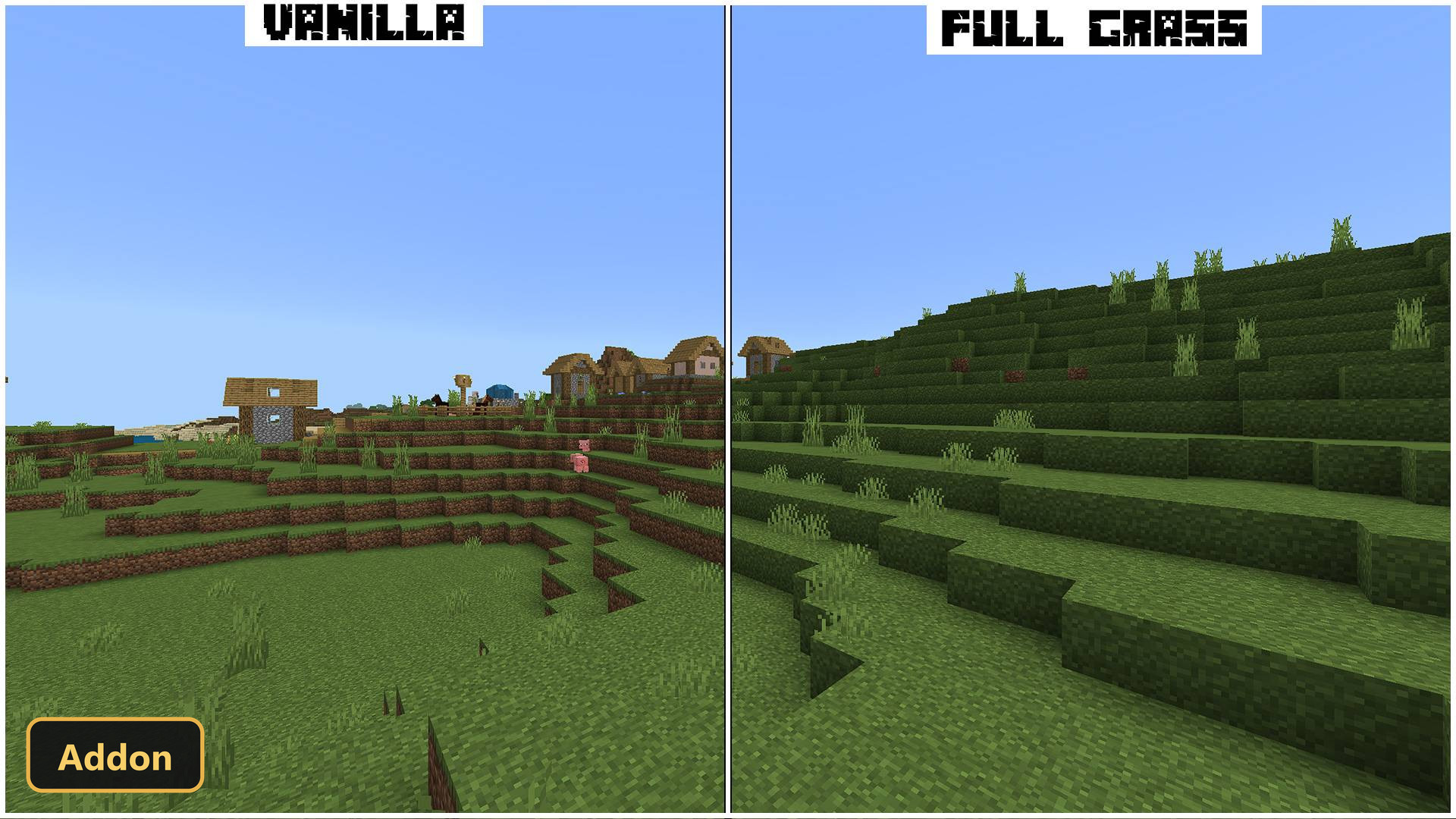 split screen comparison of grass texture in a village scene