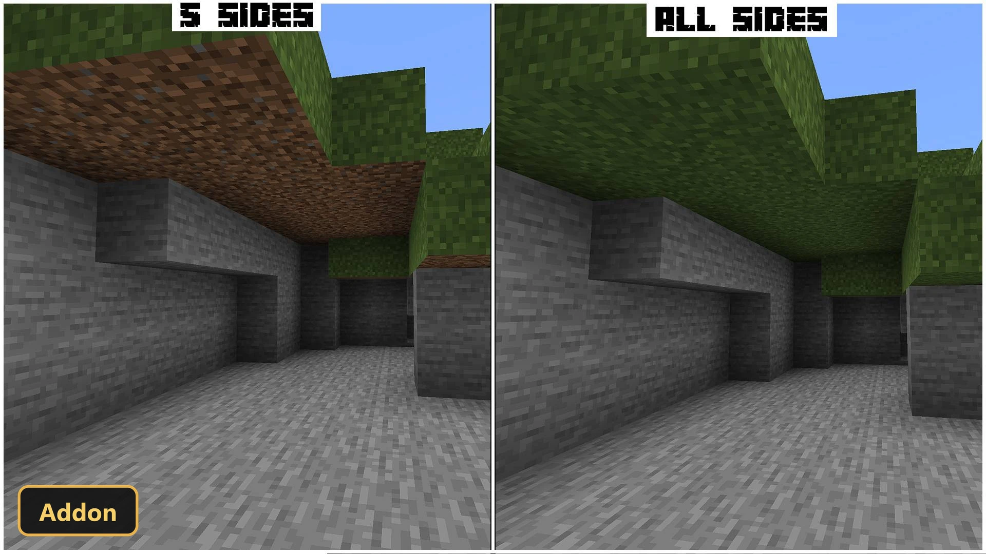 split screen comparison of grass block textures in a cave