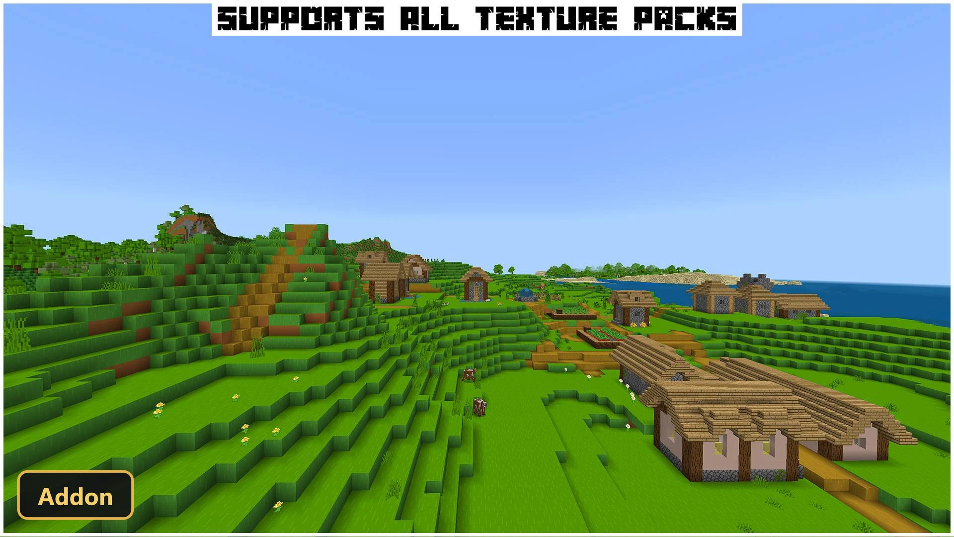 village on a hillside overlooking the ocean, clear sky