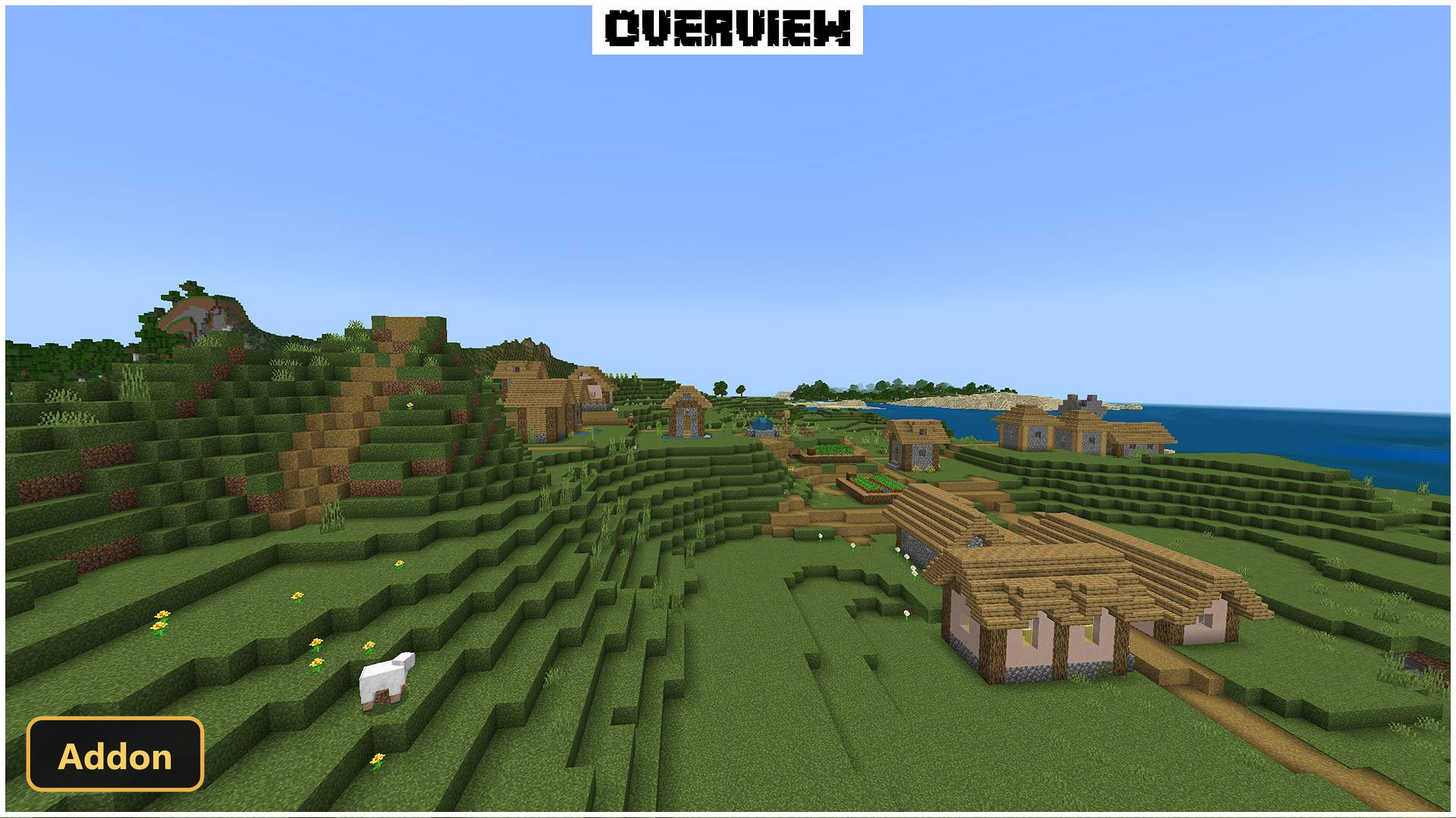 wide view of a village on a hillside overlooking the ocean