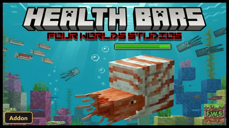 underwater scene with various fish, a nautilus, and coral blocks