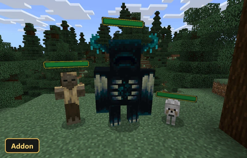 forest clearing with a zombie, Warden, and tamed wolf, all with health bars