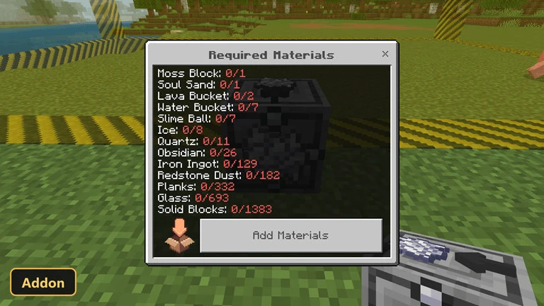 UI menu overlay on a grassy plain with yellow striped blocks