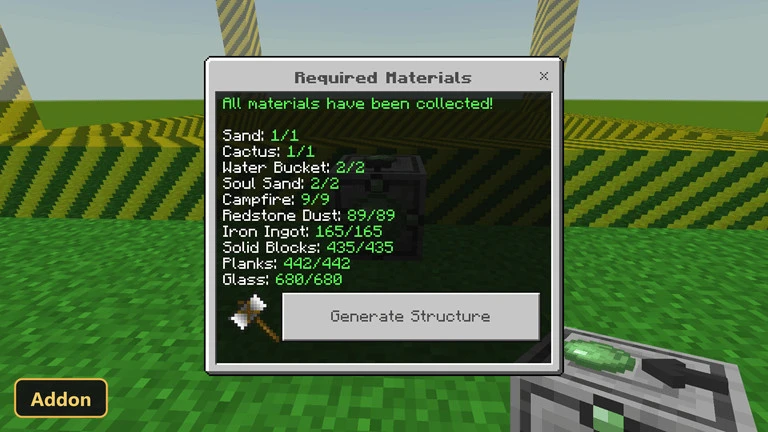 UI menu overlay on a grassy plain with yellow striped blocks