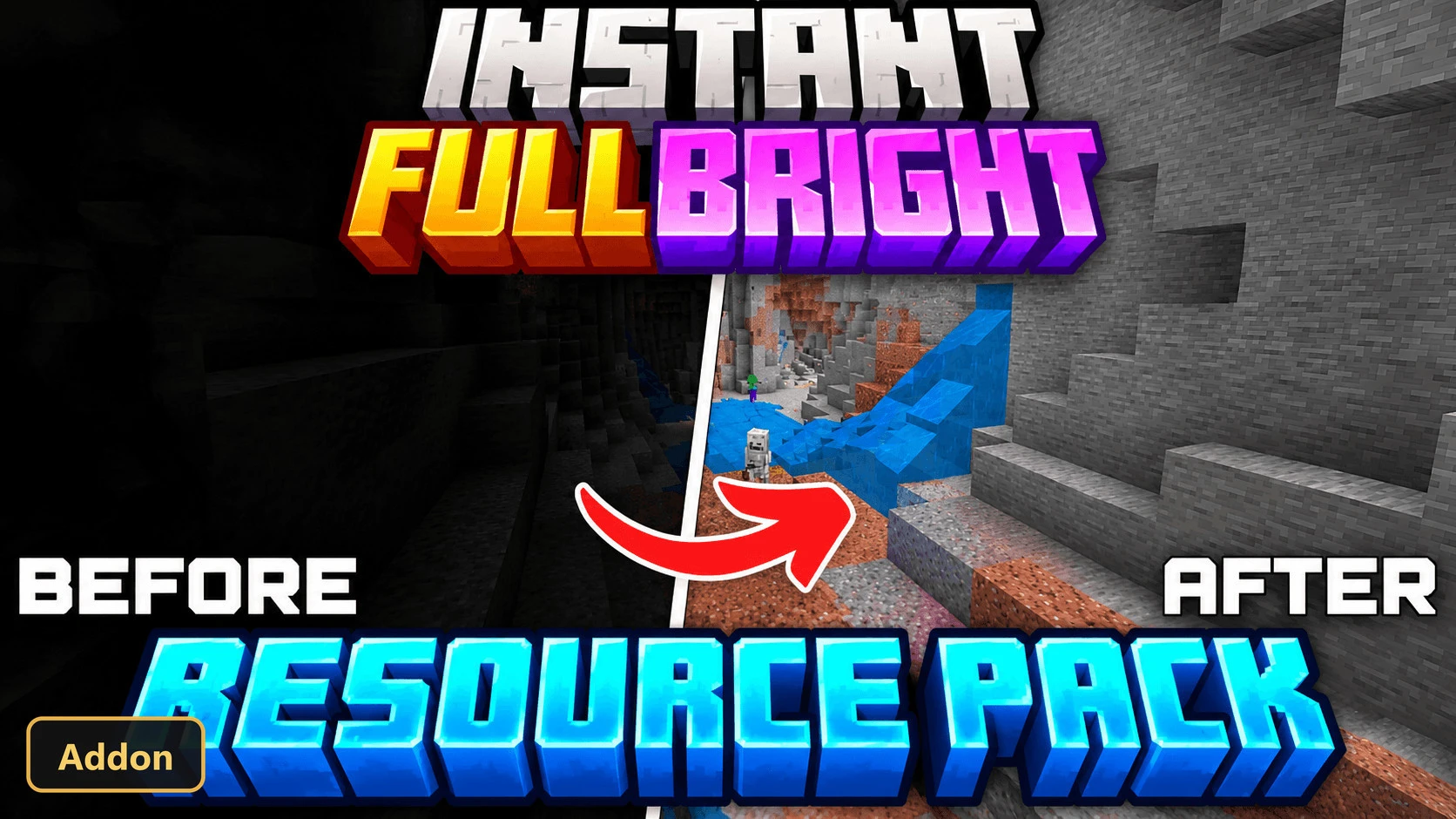 split view of dark cave vs bright cave with water and mobs