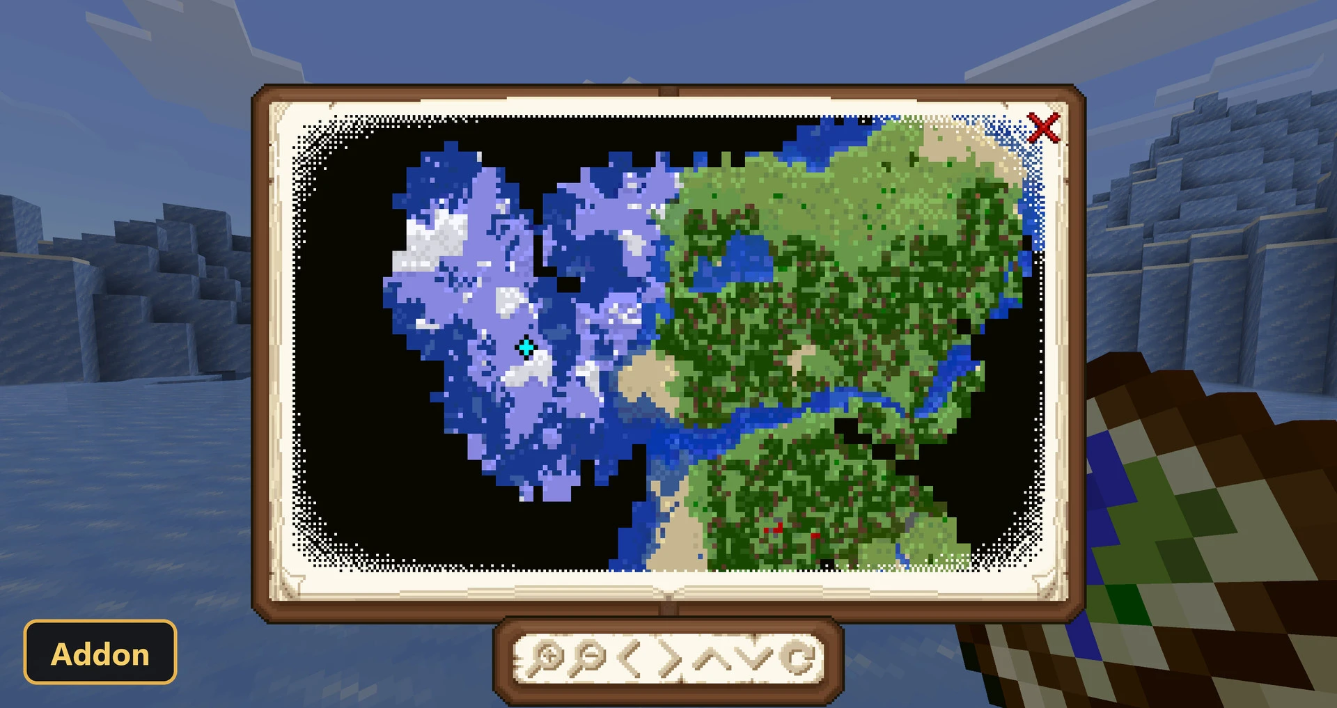 large map showing icy biomes next to green forests and rivers
