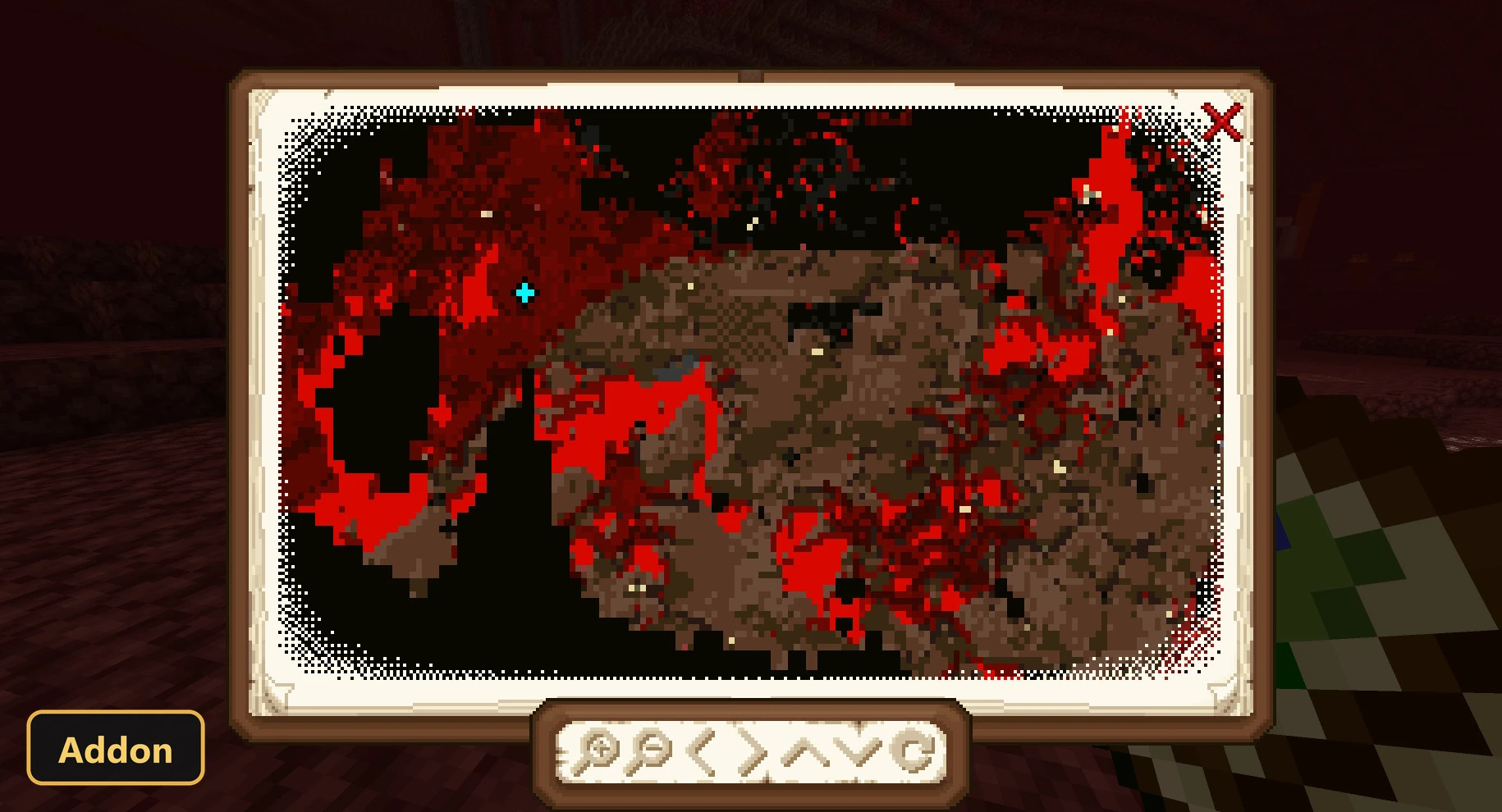 large map showing a fiery Nether biome with lava and dark blocks