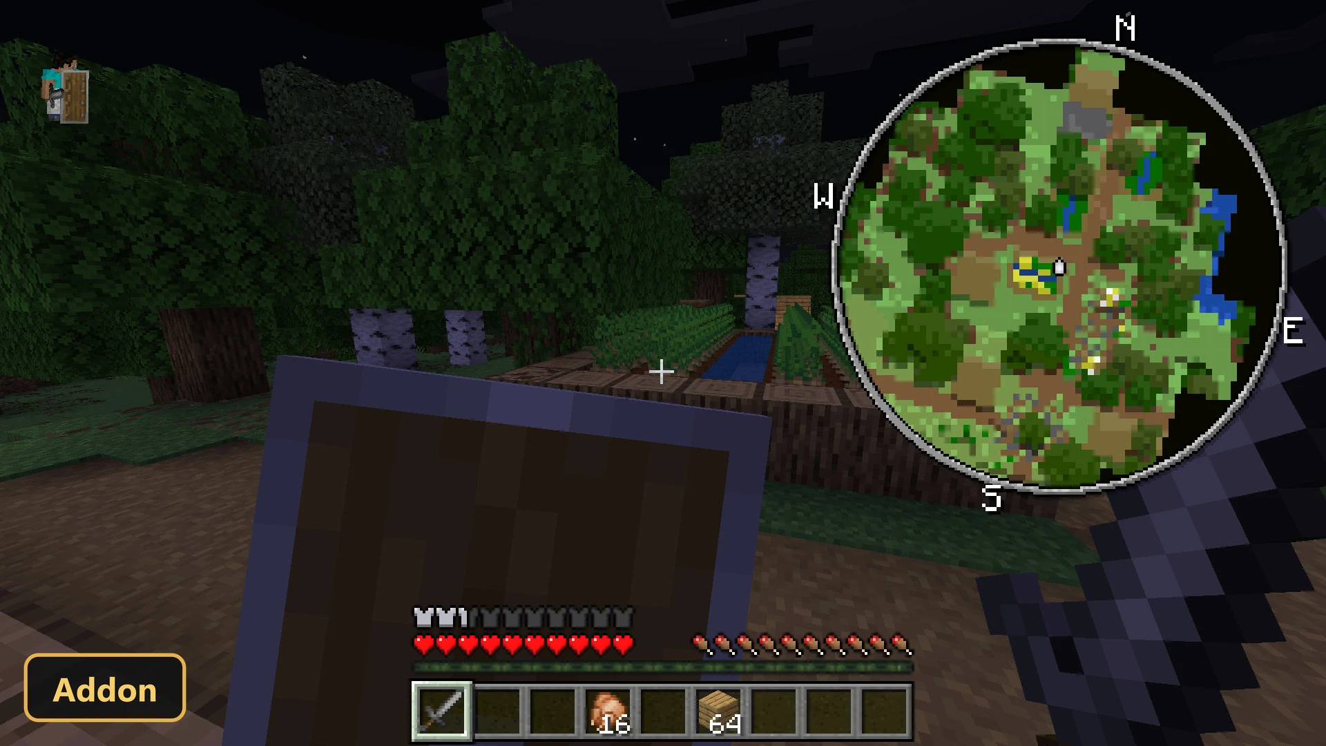 night scene in a forest with birch trees and a small farm