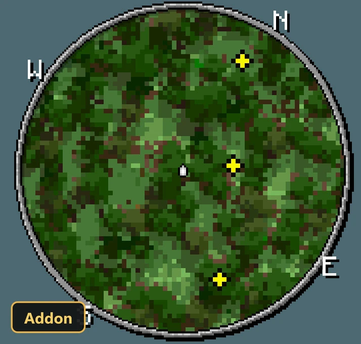 close-up of a circular mini-map showing green forest and yellow markers