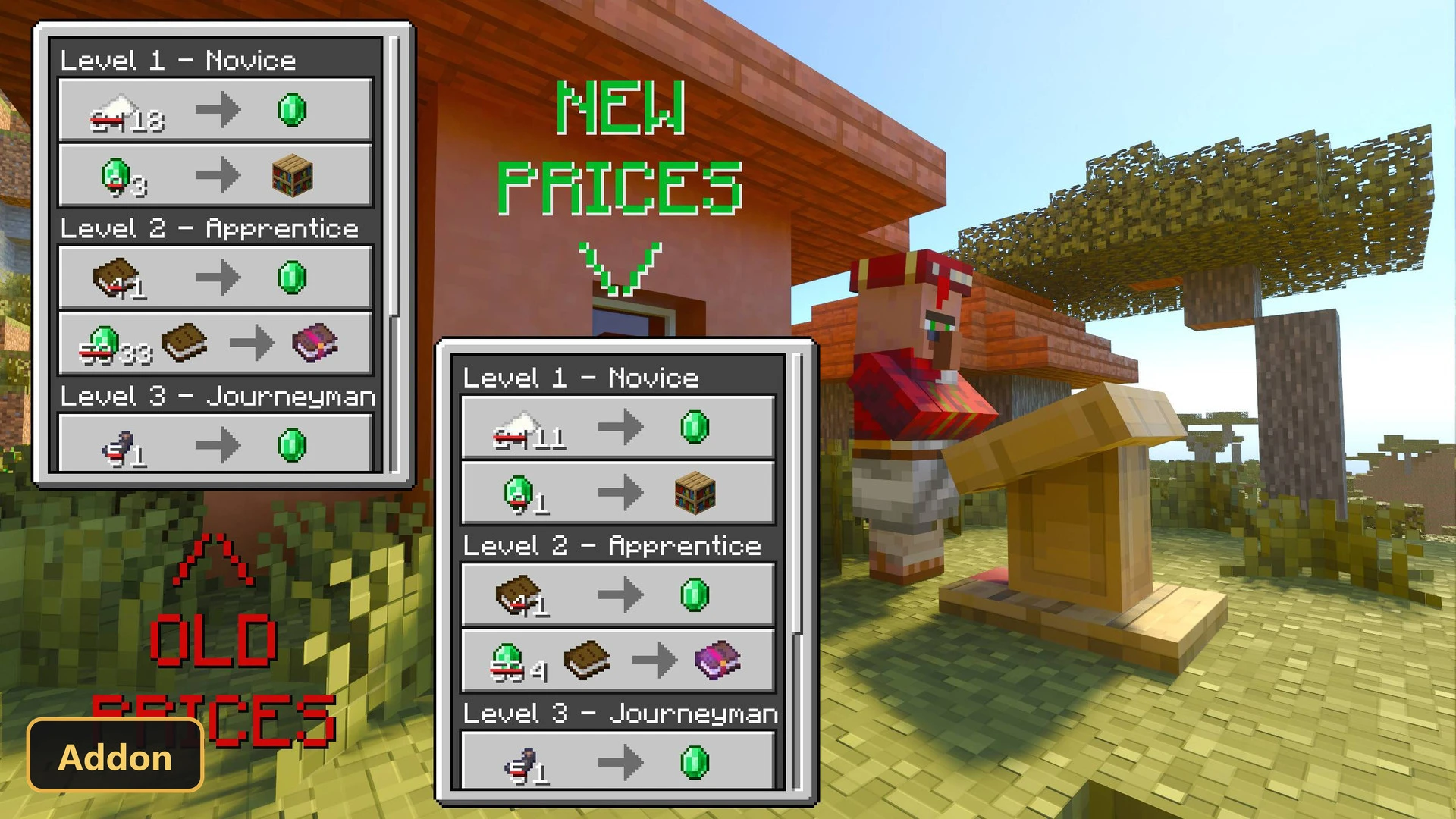 villager at a lectern, old and new trading prices compared