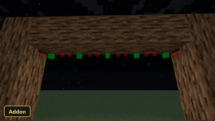 red and green garland hanging from a wooden arch at night
