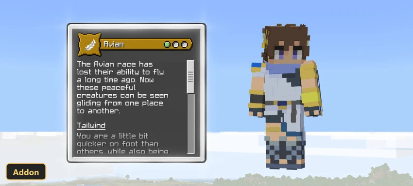 Avian character flying over a plains biome, blue sky