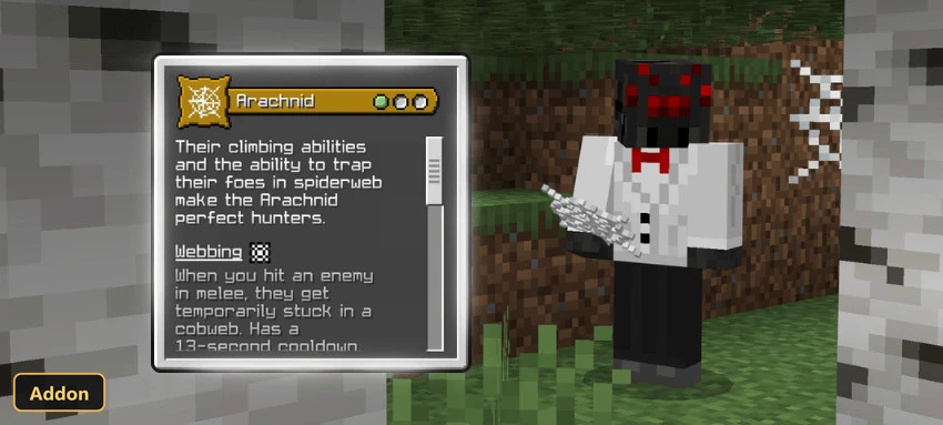 Arachnid character next to birch trees in a forest biome