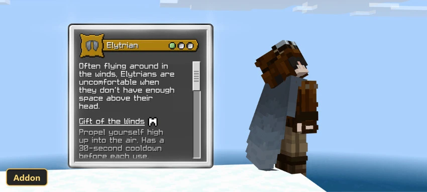 Elytrian character on a snowy peak, clear sky