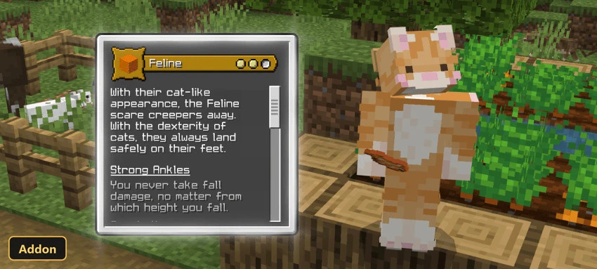 Feline character in a farm setting with crops and fence