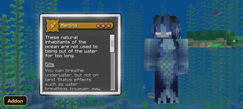 Merling character underwater with kelp and a sea turtle