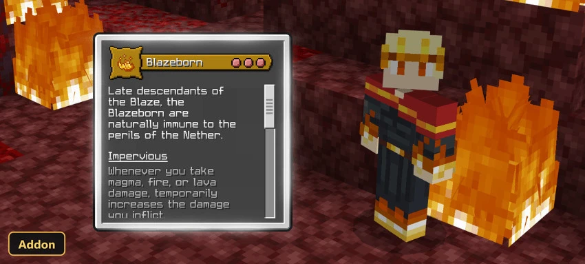 Blaze born character in the Nether, surrounded by fire and netherrack