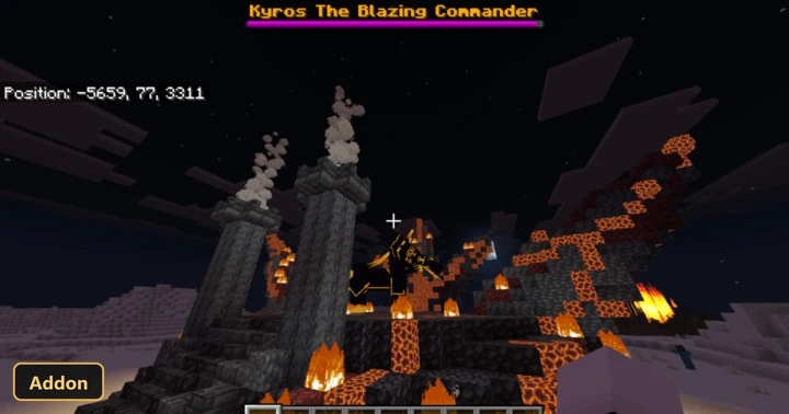 fiery boss arena in snowy biome at night