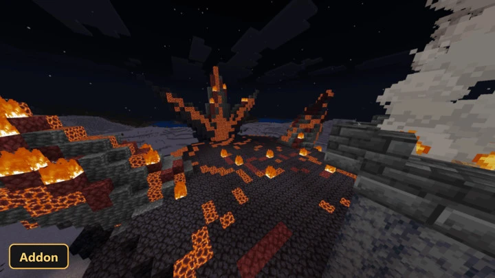 close-up of fiery boss arena with lava and smoke