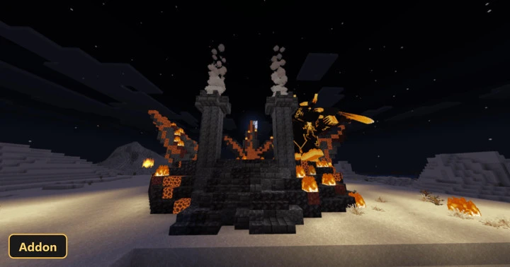 fiery boss arena with lava and smoke in snowy biome