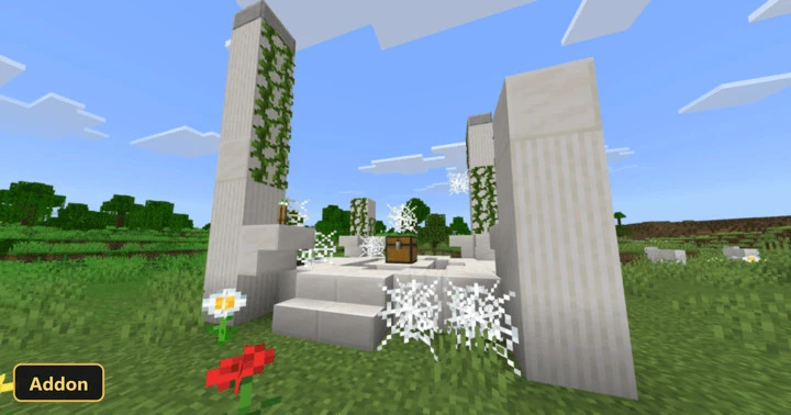 overgrown ruins with spiderwebs in a grassy plain