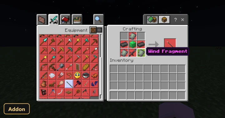 crafting menu showing "Wind Fragment" recipe at night