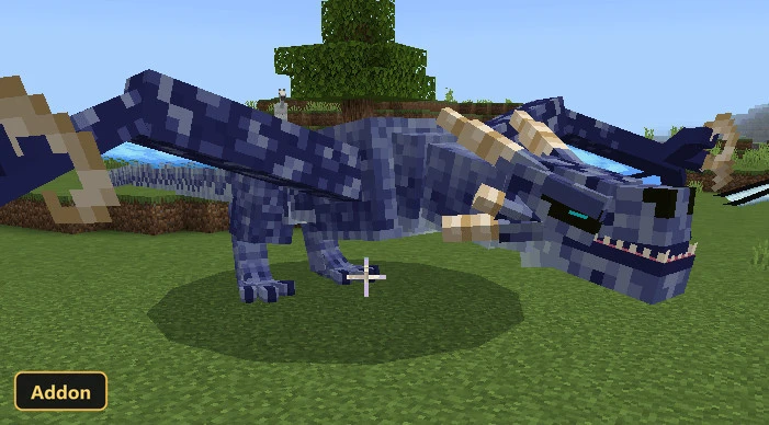 blue dragon standing on a grassy plain, tree in background