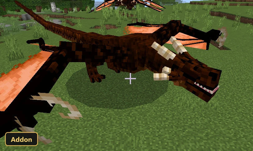 brown dragon standing on a grassy plain, another flying in background