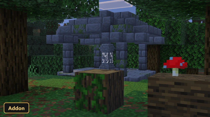 mossy stone structure in a forest, glowing runes, red mushroom