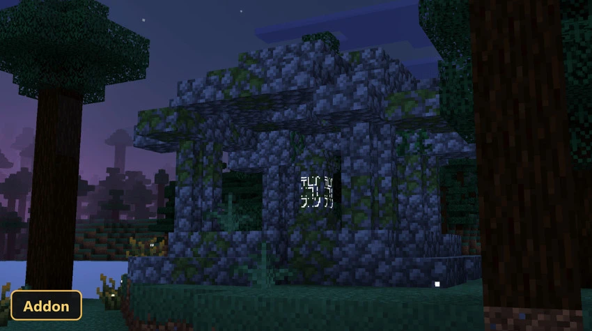 mossy stone structure in a dark forest, glowing runes, purple sky