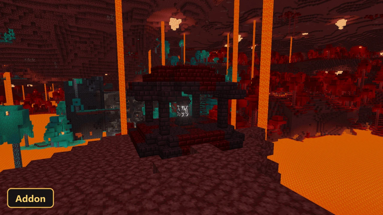 red nether temple with glowing runes, lava, and warped forest