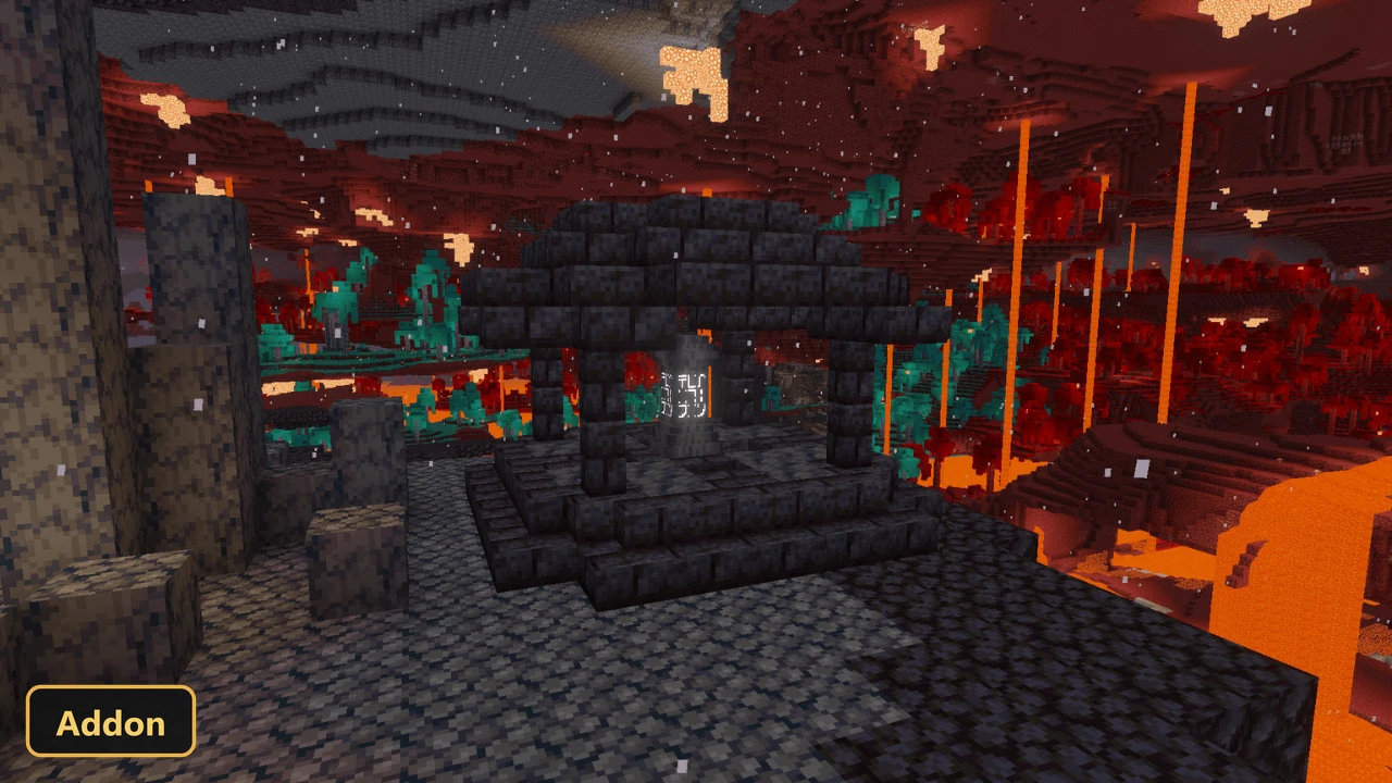 dark nether temple with glowing runes, lava, and warped forest