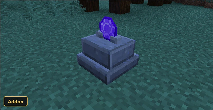 small stone pedestal with a glowing purple crystal on grass