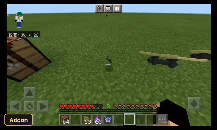 grassy plains, crafting table, player character, item on ground