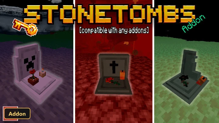 three different tombstones in various biomes: overworld, nether, end
