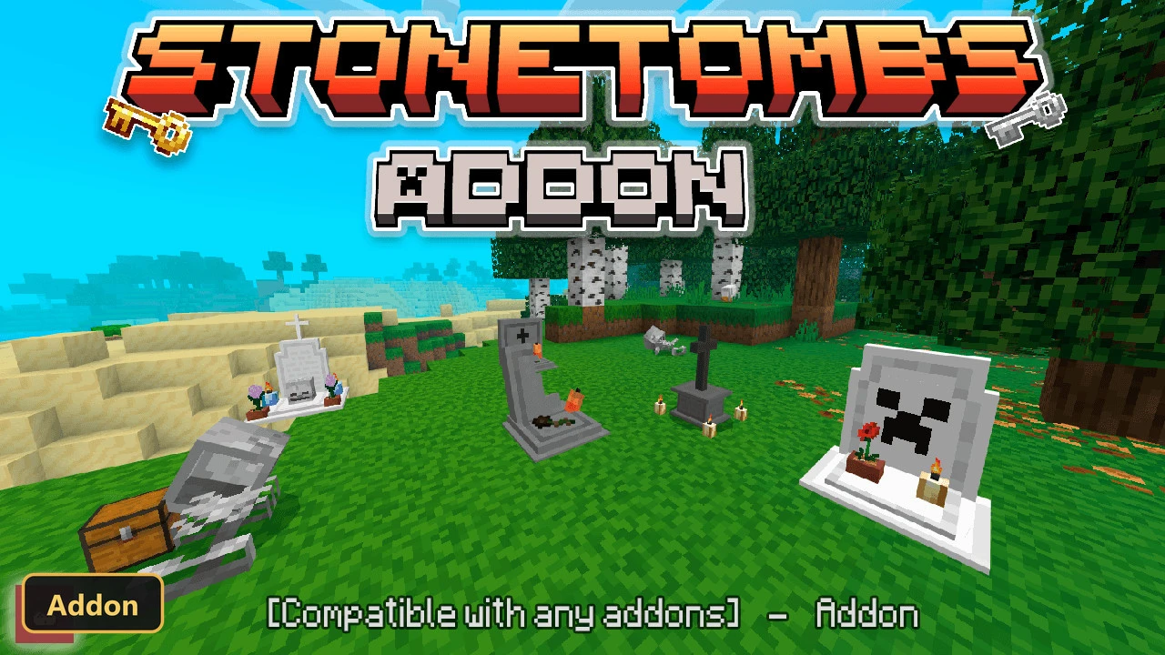 various tombstones in a grassy plains biome with trees