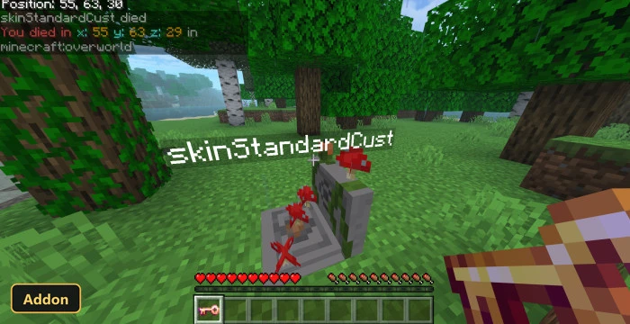 player's tombstone in a forest, with red mushrooms growing on it